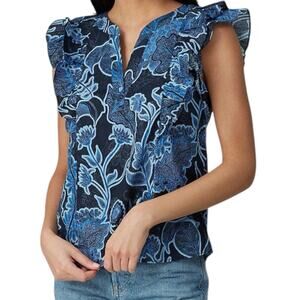 Parker Women’s Mindy Size XL Blue Floral Flutter Sleeve Ruffle V-Neck Top Boho